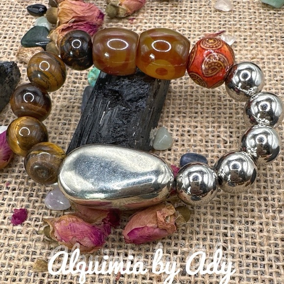 SILVER AND TIGERS EYE SIPER CHUNKY BEADED BRACELET - Picture 1 of 1
